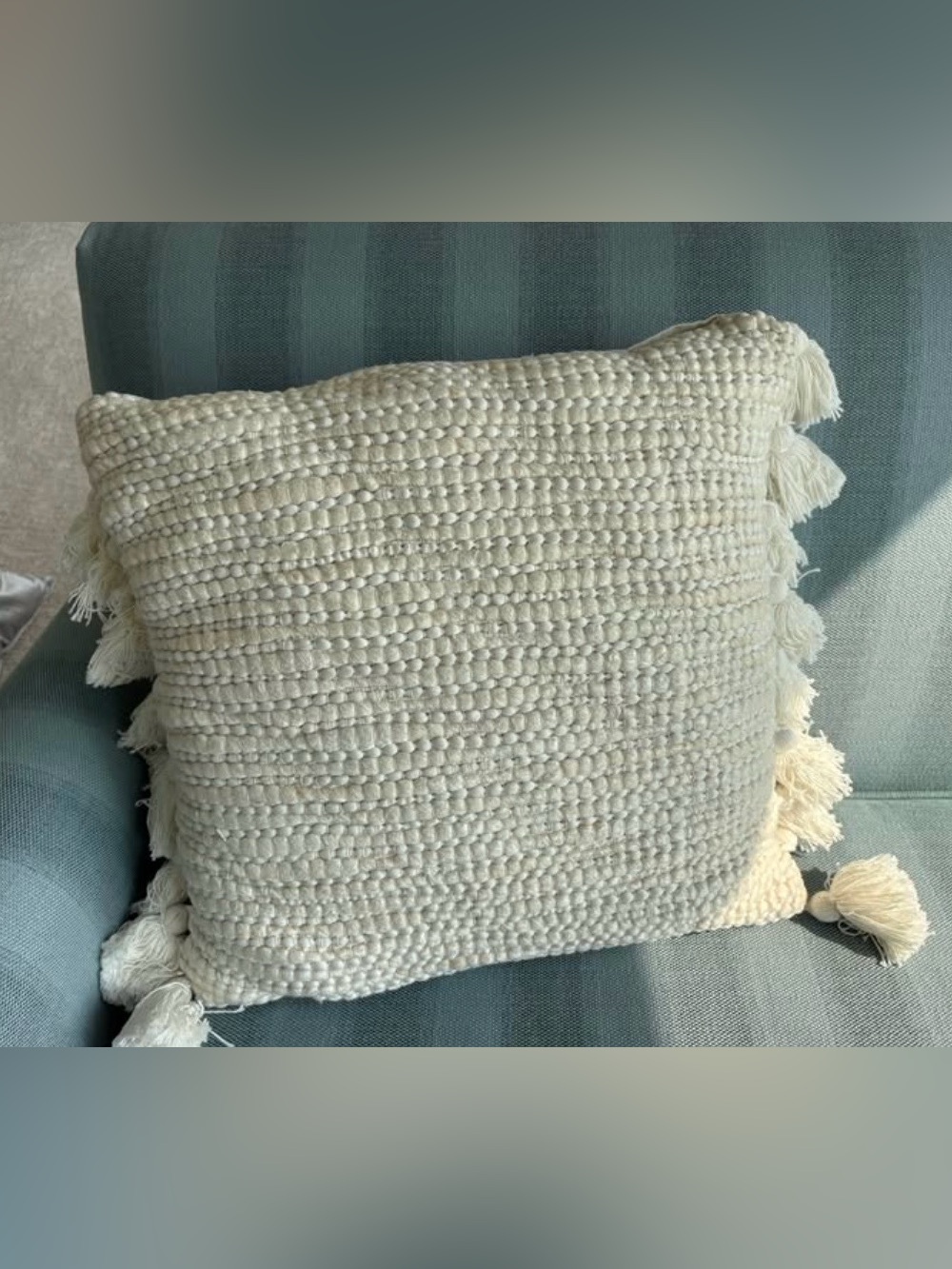 CREAM WHITE TEXTURED YARN HAND WOVEN DECORATIVE THROW PILLOW
